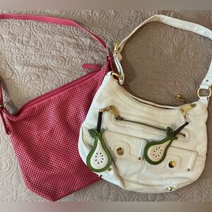 Stone Mountain Leather Bundle White Pink Women's Bag with Two Pear Bag Charms